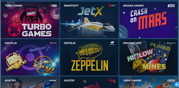 Screenshot of various online casino games available on 1XBET, including Turbo Games, JetX, Crash on Mars, and Zeppelin.