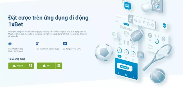 Phone screen showing the 1xBet betting app with sports betting options and app download information.
