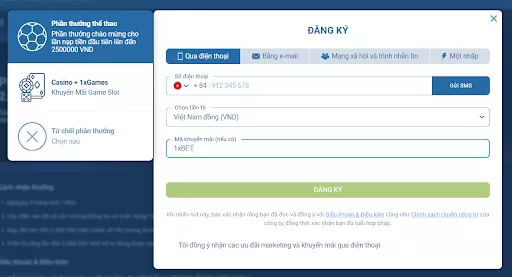 1XBET registration interface with options for phone, email, social media, and instant messenger registration, along with sports and casino bonus information.